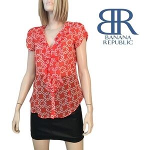Banana Republic Blouse Top Lightweight Ruffles Flowy Flutter Sleeves Warm Print